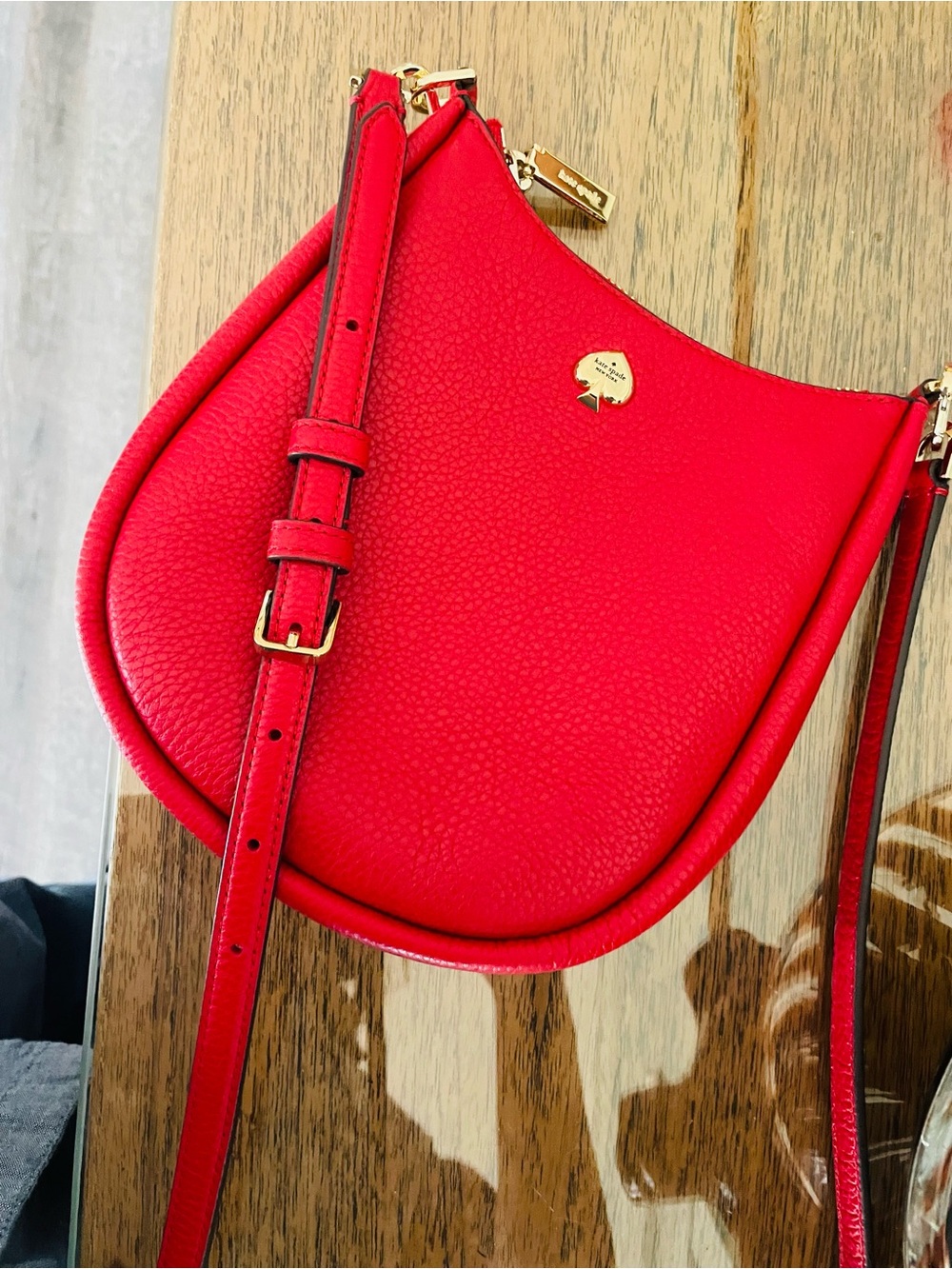 kate spade Red Pebbled Leather Saddle Crossbody with Gold Accent
